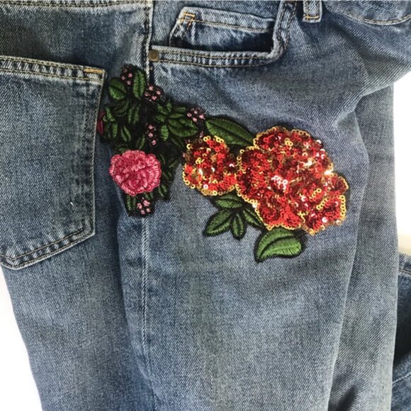 Zara Boyfriend Floral Embroidered Sequins High Rise Jeans Distressed  Roses 2 - Picture 10 of 15